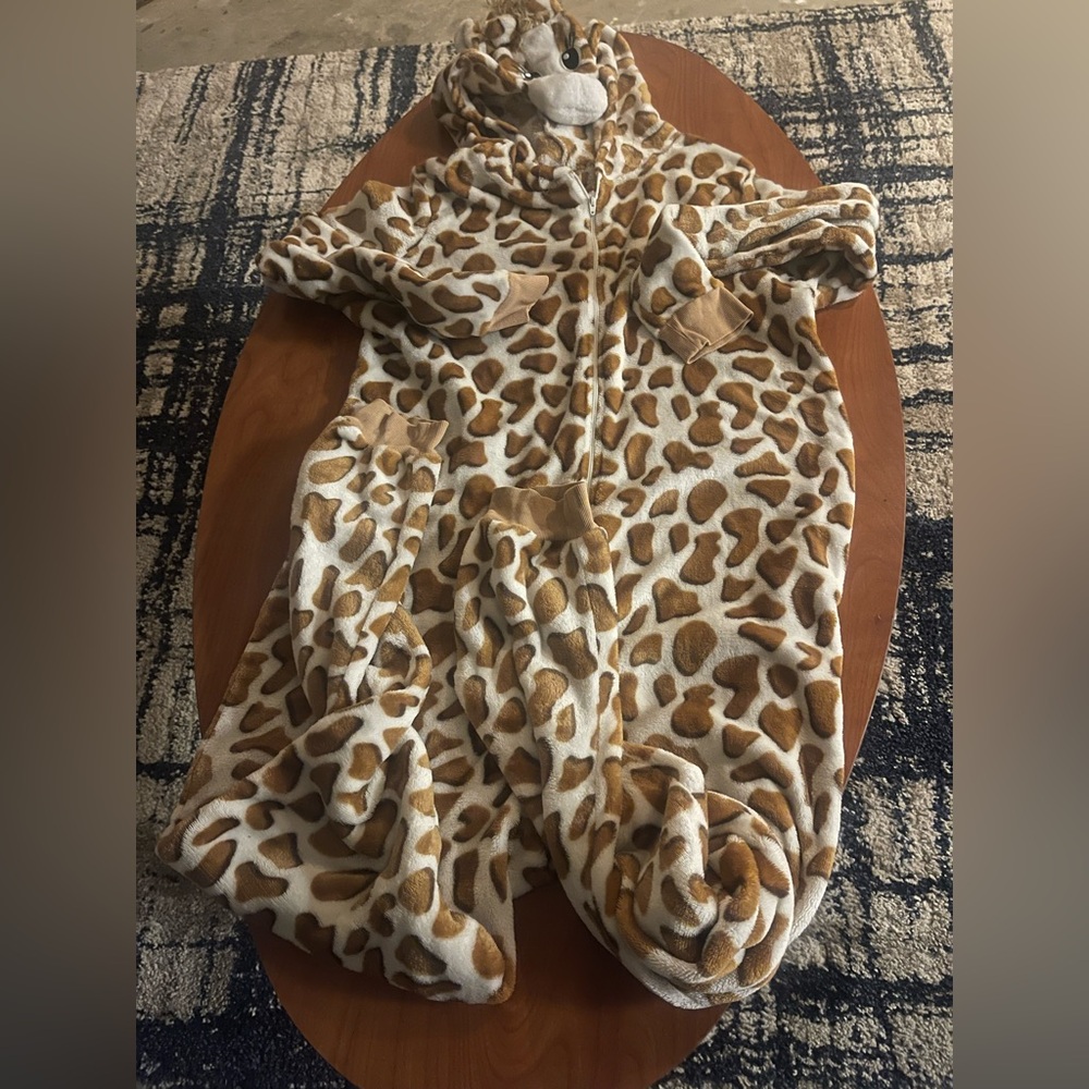 Faded Glory Leopard Print Hooded Fleece Onesie - White & Brown
